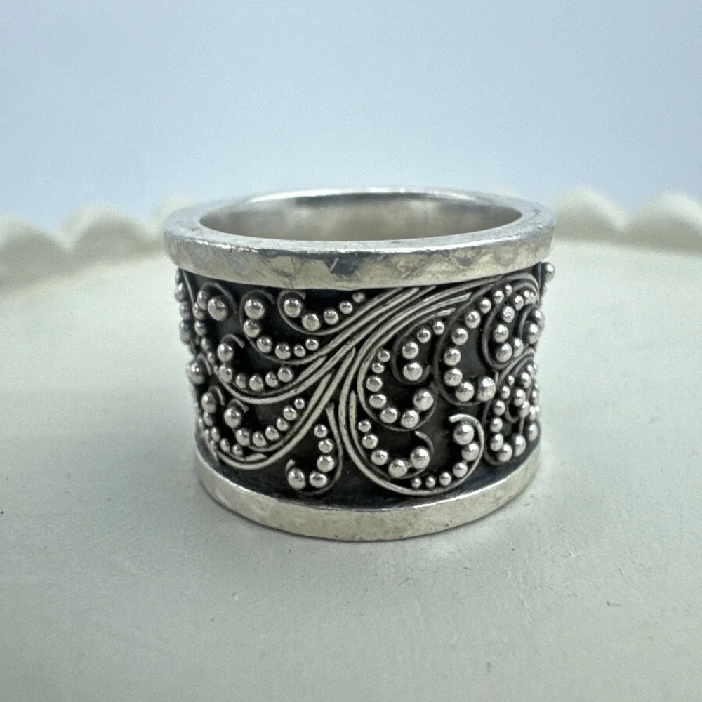 LOIS HILL Sterling Silver BEADED GRANULATED SCROLL DESIGN WIDE BAND RING size 7